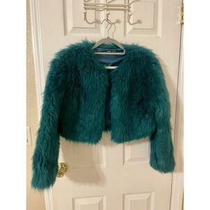 Shein Shaggy Teal Faux Fur Jacket Sz XSmall Short Open Front Fashion